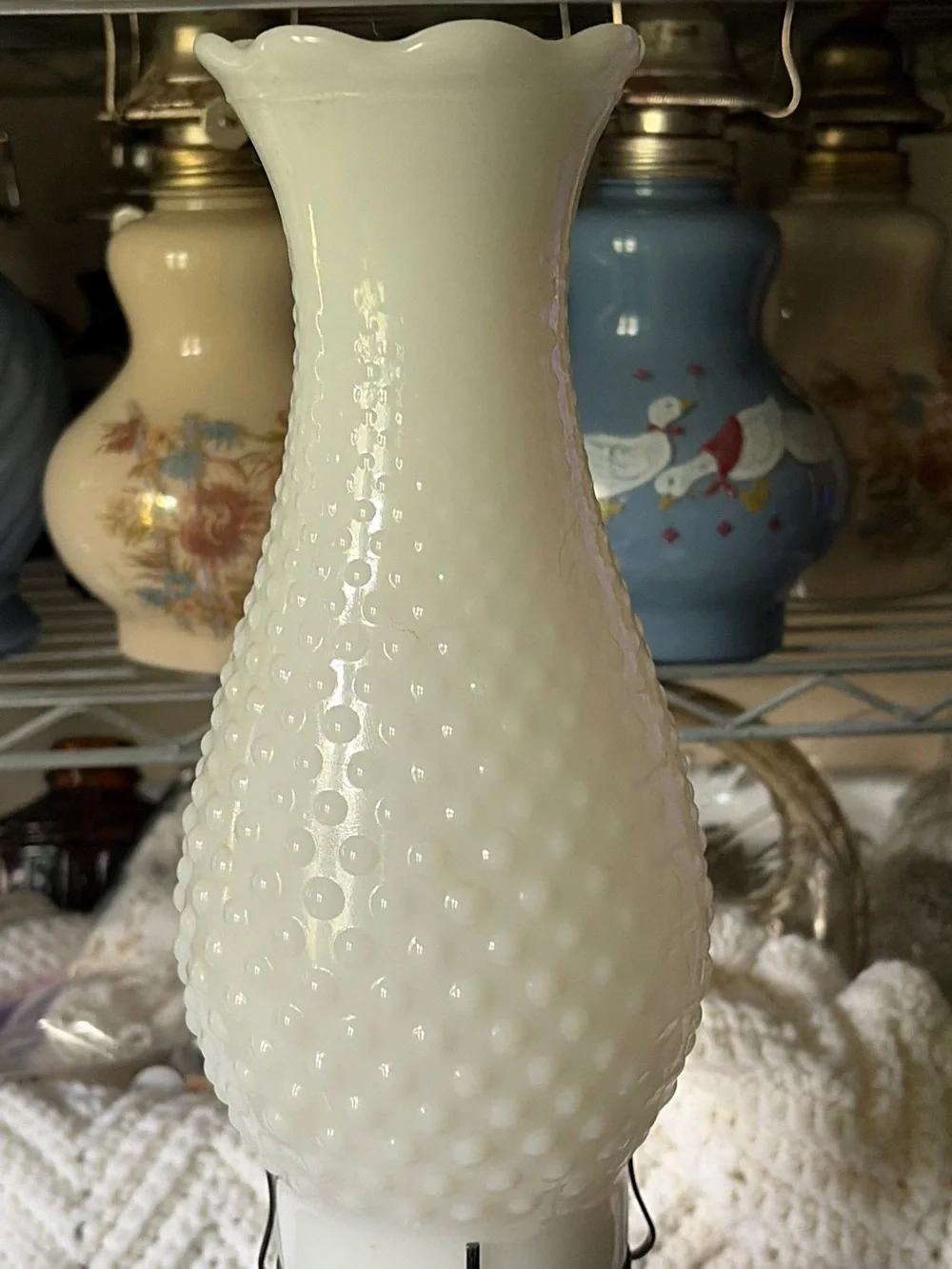Vintage-Style Blue Kadaan Oil Lamp with White Hobnail Shade